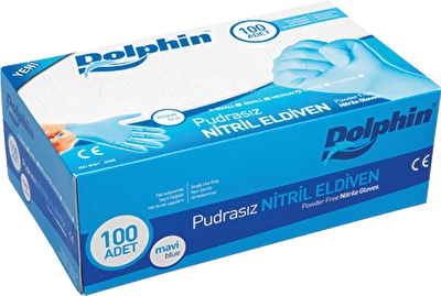 Dolphin Nitril Muayene Eldiveni Pudrasız Mavi Adet